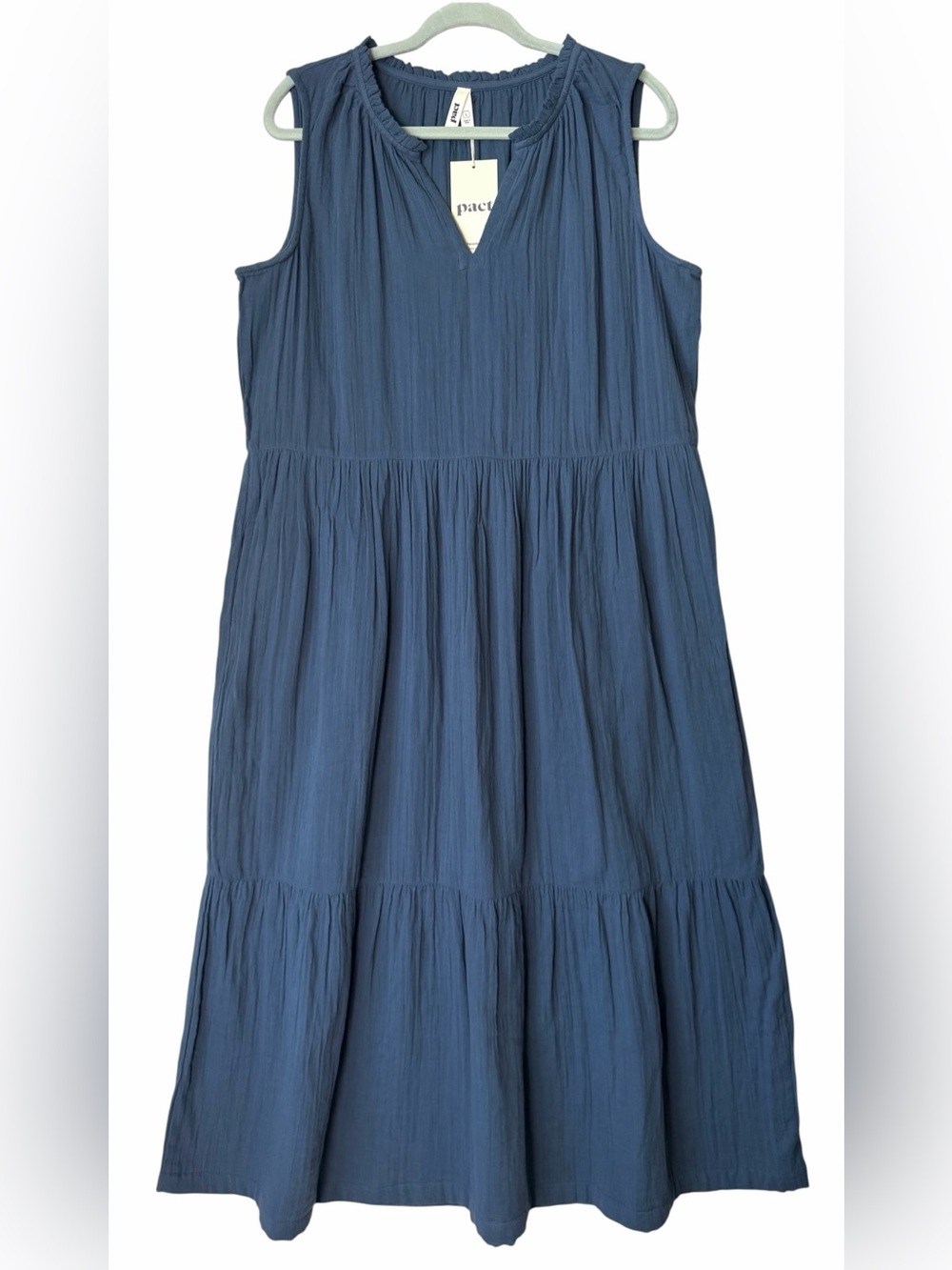 Pact Organic Cotton Coastal Double Gauze Ruffle Maxi Dress Blue Large V-Neck NWT